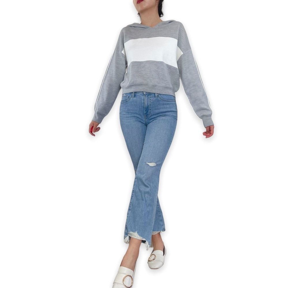 Alice + Olivia Gray and White Hooded Stripe Sweater - Picture 3 of 16